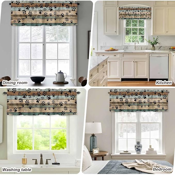Dog Paws Valances for Windows, Teal Brown Wood Grain Kitchen Valance Light Filtering Rod Pocket Short Curtains for Kitchen Bathroom, 1 Panel, 42"x12"