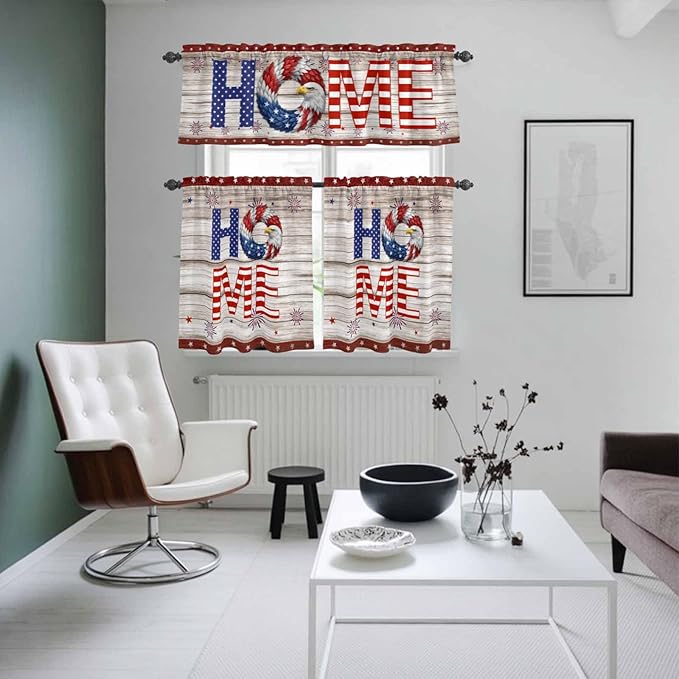 4th of July Kitchen Curtains Set 3 Piece for Windows,Rod Pocket Valance and Tier Set 24 Inch Length,Stars Striped Farmhouse American Flag Wood Grain Light Filtering Cafe Curtains for Living Room