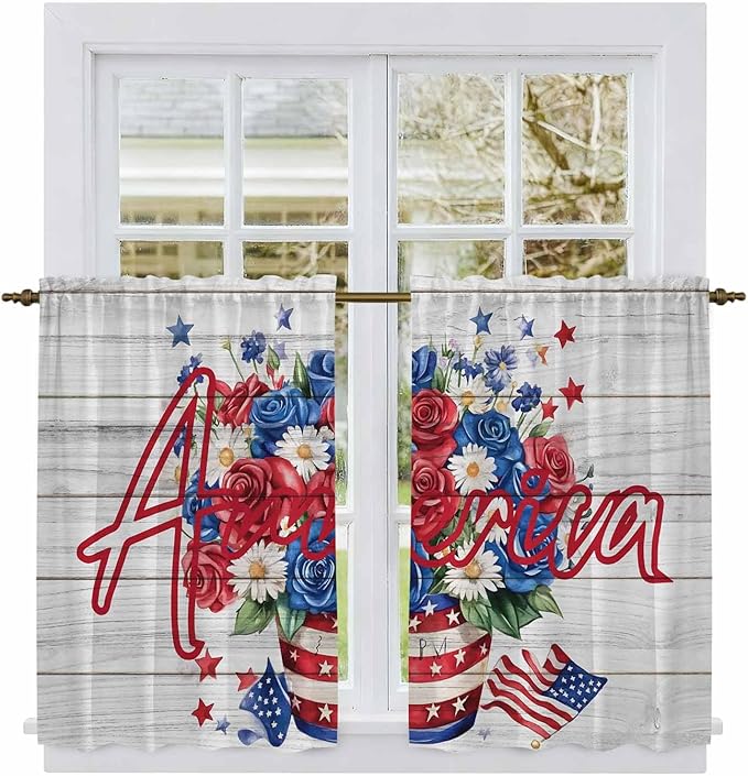 Independence Day Kitchen Curtains 45 Inch Long 2 Panel Set, Rod Pocket Window Treatment, 4 of July Rose Wooden Grain Vintage Light Filtering Panels Short Drapes for Bathroom Camper 42"W x 45"L