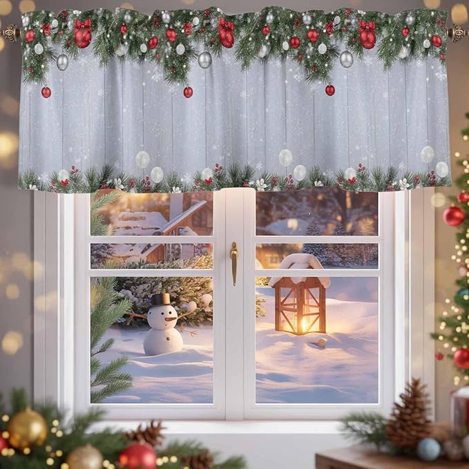 Christmas Curtain Valances for Windows, Kitchen Valance Window Treatment, Winter Xmas Balls Pine Branches Wooden Grain Light Filtering Block Curtains for Bathroom/Bedroom/Living Room 60'' x 18''