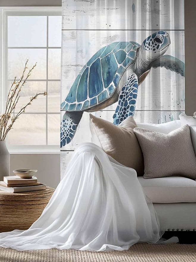 Sheer Curtains 72 Inches Long, Teal Green Sea Turtle Semi Sheer Curtains Light Filtering Window Treatment, Summer Ocean Vintage Wood Grain Privacy Voile Drapes for Living Room Bedroom 52x72 Inch