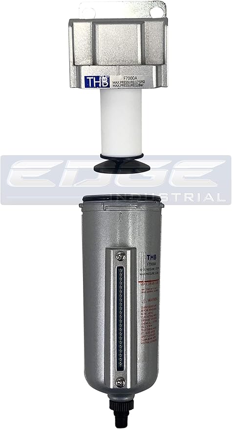 HEAVY DUTY INDUSTRIAL RATED HIGH FLOW PARTICULATE FILTER, IN-LINE WATER TRAP FOR COMPRESSED AIR LINE SYSTEMS, 5 MICRON WITH METAL BOWL AND AUTO DRAIN (1/2" NPT, 5oz)