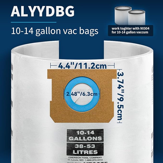 for Shop Vac Bags 10-14 Gallon, Type F 90662 9066200 9066233; Type I 90672 9067200 9067233; VF2005, High Efficiency Disposable Fine Dust Collection Vacuum Filter Bags (5 Pack)