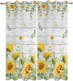 Sunflowers Outdoor Curtains for Patio Summer Floral Eucalyptus Leaf Wood Plank Waterproof Outside Curtains with Grommet Top Weatherproof Curtain for Cabana Pergola Gazebo, 2 Pack, 54" W x 95" L
