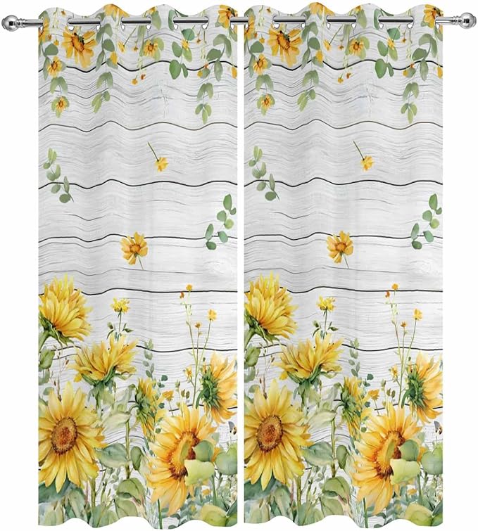 Sunflowers Outdoor Curtains for Patio Summer Floral Eucalyptus Leaf Wood Plank Waterproof Outside Curtains with Grommet Top Weatherproof Curtain for Cabana Pergola Gazebo, 2 Pack, 54" W x 84" L