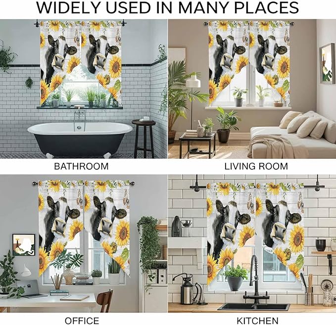 Retro Farmhouse Floral Swag Valances for Windows, Yellow Sunflowers Cows Butterfly Wood Rod Pocket Kitchen Curtains Valance, Small Window Curtains Swag for Cafe Living Room, 2 Panels, 36x36 inch