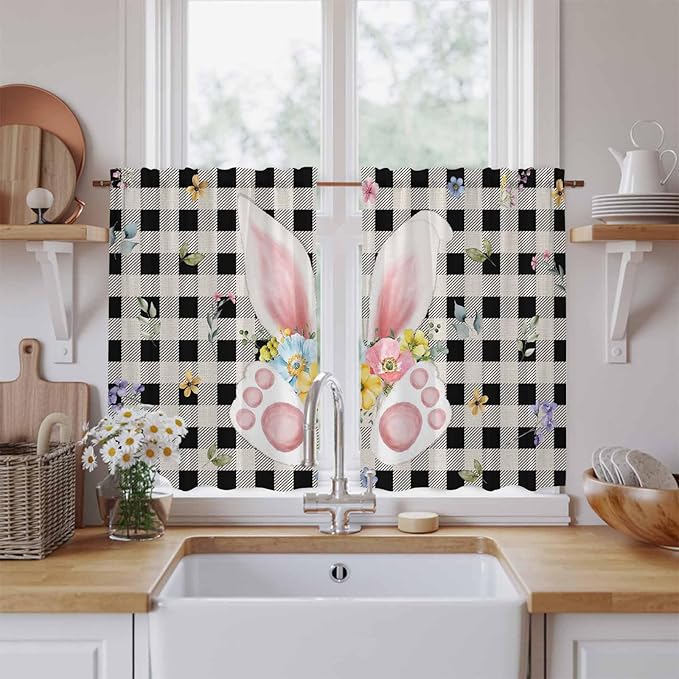 Easter Kitchen Tier Curtains 45 Inch Long 2 Panel Set,Rod Pocket Short Window Treatment,Spring Rabbits Ears Feet Wildflowers Black Plaid Light Filtering Curtains & Drapes for Bathroom 27.5"W x 45"L