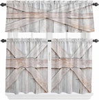 Kitchen Window Curtains Valance and Tier Set, Farmhouse Retro Wooden Barn Rod Pocket Tier Curtain Valance Set, Vintage Village Wood Grain Light Filtering Cafe Curtains for Bedroom Living Room