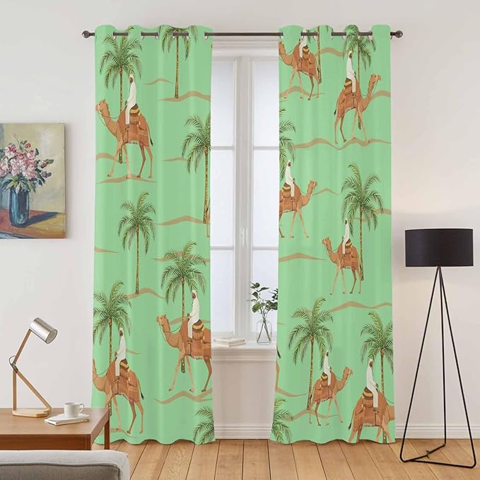 2 Panel Kitchen Cafe Curtains, Desert Camels Sunlight Filtering Nature Air Through, Home Decor Window Covering Tier Curtains for Living Room 80W x 84L inch Tropical Date Palm Trees Animal Green