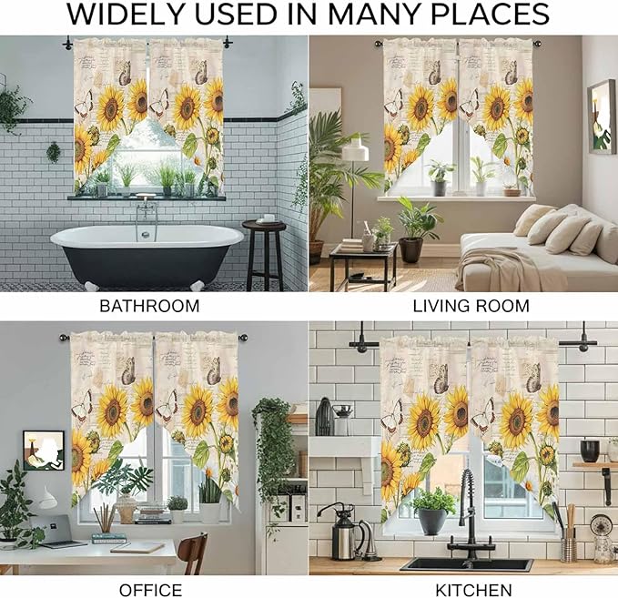 Yellow Sunflowers Swag Valances for Windows, Country Farm Butterfly Flower Light Beige Rod Pocket Kitchen Curtains Valance, Kitchen Window Curtains Swag for Cafe Living Room, 2 Panels, 36x63 inch