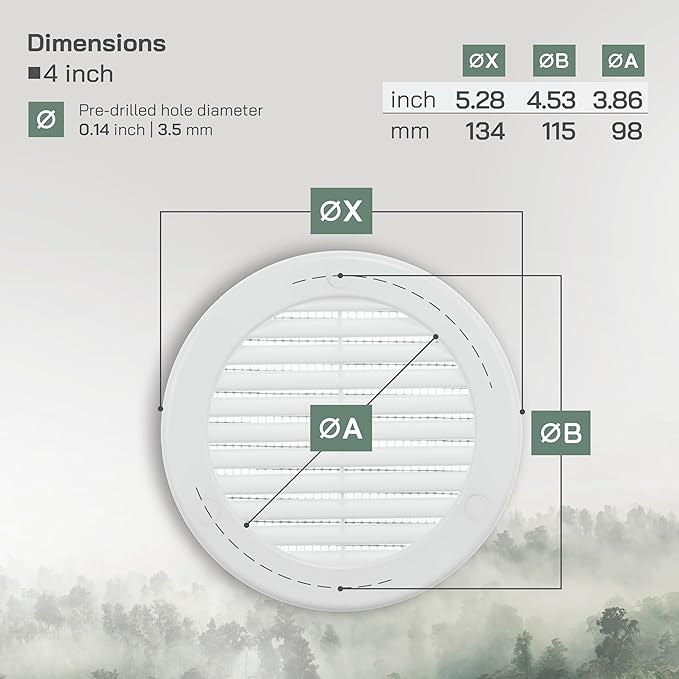 Vent Systems 4" Inch (Opening Dimensions) - Pack of 2 - White Soffit Vent Cover - Plastic Round Air Vent Grille - Built-in Mesh Screen - HVAC Register Louver for Bathroom, Home, Kitchen