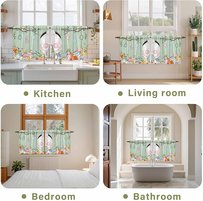 Easter Kitchen Tier Curtains 36 Inch Long 2 Panel Set,Rod Pocket Half Window Curtains Over Sink,Spring Watercolor Bunny Eggs Wooden Grain Green Light Filtering Short Drapes Cafe 27.5"W x 36"L