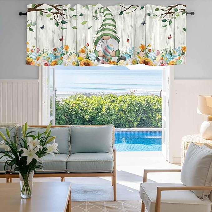 Easter Gnomes Curtain Valances for Windows, Kitchen Valance Window Treatment, Spring Watercolor Eggs Flower Wood Grain Light Filtering Block Curtains for Bathroom/Bedroom/Living Room 42'' x 12''