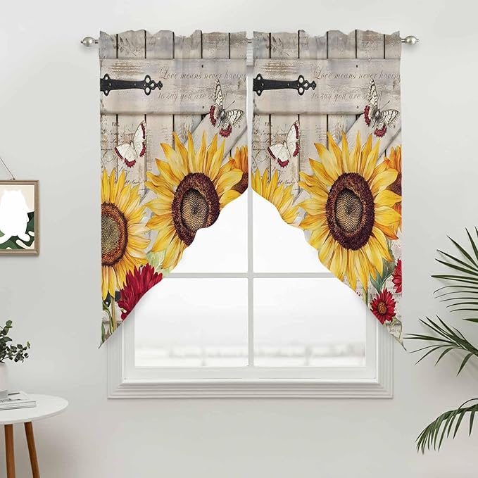 Red Yellow Sunflowers Swag Valances for Windows, Retro Rustic Barn Doors Butterfly Brown Rod Pocket Kitchen Curtains Valance, Kitchen Window Curtains Swag for Cafe Living Room, 2 Panels, 36x45 inch