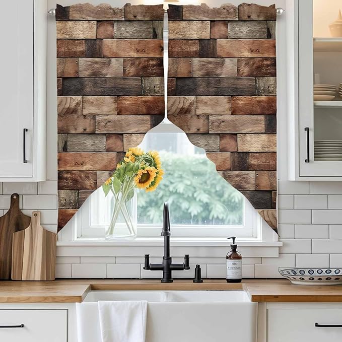 Western Barn Door Swag Valances for Windows, Vintage Farmhouses Wooden Door Brown Rod Pocket Kitchen Curtains Valance, Kitchen Window Curtains Swag for Cafe Bathroom Living Room, 2 Panels, 36x63 inch