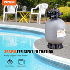 VEVOR 25023BX 16-inch, Up to 35 GPM Flow Rate, Above Inground Swimming Pool Sand System with 7-Way Multi-Port Valve, Filter, Backwash, Rinse, Recirculate, Waste, Winter, Closed Functions, Gray