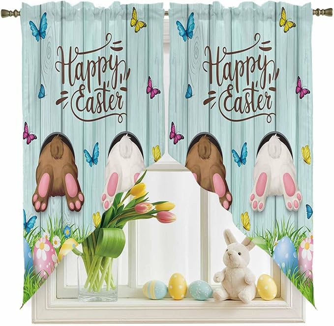 Swag Curtain Valances for Kitchen Windows,Happy Easter Bunny Butt Egg Floral Short Rod Pocket Window Valance,Spring Plant on Aqua Wood Swag Topper for Bedroom Living Room,2 Panels 36x45in
