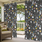 Cartoon Space Outdoor Curtains for Patio Rockets Planets Astronauts Gray Waterproof Outside Curtains with Grommet Top Weatherproof Curtain for Cabana Pergola Gazebo, 1 Panel, 54" W x 95" L