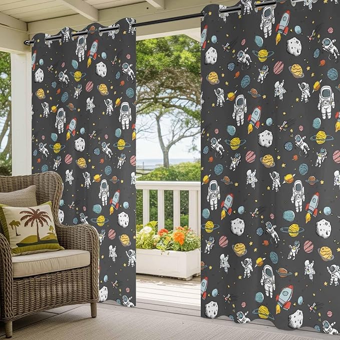 Cartoon Space Outdoor Curtains for Patio Rockets Planets Astronauts Gray Waterproof Outside Curtains with Grommet Top Weatherproof Curtain for Cabana Pergola Gazebo, 1 Panel, 54" W x 84" L