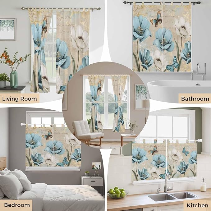 Spring Flowers Bedroom Curtains 72 Inch Length, Window Curtains Tab Top, Vintage Rustic Tulips Floral Butterfly Khaki Light Filtering Window Treatments Drapes 52"x72" 2 Panel