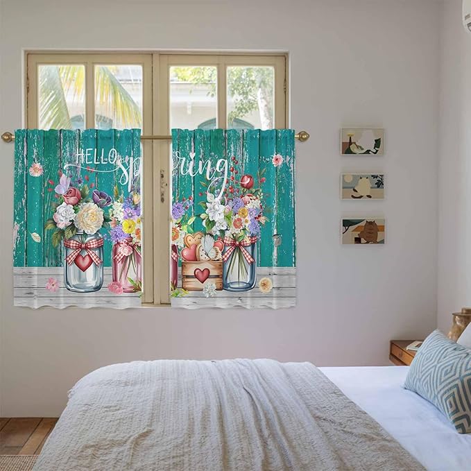 Spring Flowers Kitchen Curtains, Farmhouse Watercolor Teal Wood Grain Light Filtering Window Curtain Panels, 2Pcs Rod Pocket Window Treatments Set for Study Room Bathroom Bedroom 52x54 Inches
