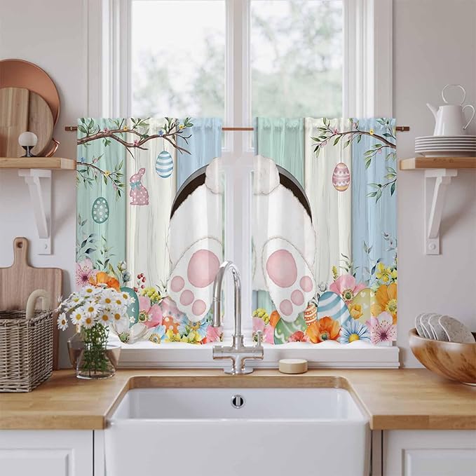 Easter Kitchen Curtains 54 Inch Long 2 Panel Set,Rod Pocket Window Curtains Panels,Spring Watercolor Bunny Eggs Wood Grain Teal Blue Light Filtering Drapery Draperies for Bathroom Bedroom 52"W x 54"L