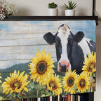 Cow Sunflowers Curtain Valances for Windows, Kitchen Valance Window Treatment, Farmhouse Animal Blue Sky Wooden Grain Light Filtering Block Curtains for Bathroom/Bedroom/Living Room 54'' x 18''