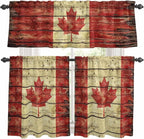 Kitchen Curtains Tiers and Valance Set of 3, Canada Light Filtering Window Curtain Set, Red Maple Leaf Flag Farmhouse Shabby Wooden Grain Rod Pocket Curtain Drapes for Living Room, 36 Inches Tiers