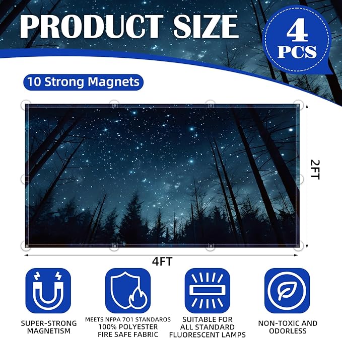 4 Pcs Fluorescent Light Covers - Classroom, Office 4 x 2 Feet Flame Retardant Magnetic Covers for Ceiling Lights Filters (Forests & Starry Sky-2)