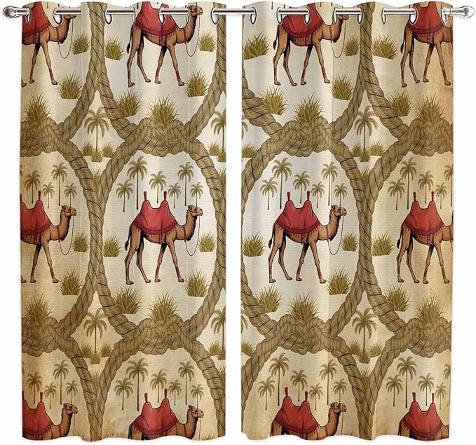 2 Panel Kitchen Cafe Curtains, Brown Desert Camels Sunlight Filtering Nature Air Through, Window Decor Tier Curtains for Living Room 104W x 84L inch Tropical Date Coconut Trees Cords Leaves