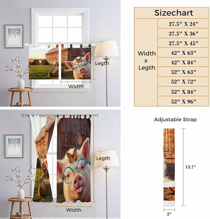 Farm Pig Kitchen Curtains 24 Inch Length, Small Window Curtains Tab Top, Farmhouse Barn Funny Animals Butterfly Light Filtering Short Window Treatments Tier Drapes 27.5"x24" 2 Panel