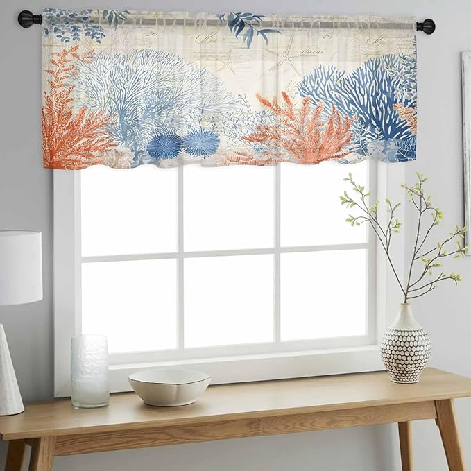 Ocean Corals Sheer Valance Curtains, Summer Beach Coral Sea Stars Retro Texture Light Filtering Kitchen Valances Rod Pocket Voile Curtain Window Treatment for Bedroom/Living Room/Basement 42Wx18L