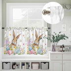 Kitchen Curtains Tiers and Valance Set of 3, Easter Light Filtering Window Curtain Set, Spring Rabbit Colorful Eggs Budding Florals Leaf Rod Pocket Curtain Drapes for Living Room, 24 Inches Tiers