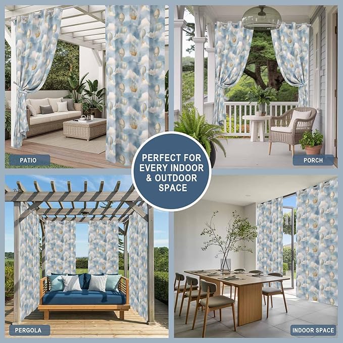 Hot Air Balloons Outdoor Curtains for Patio Fantasy Spaceship Cartoon Vintage Waterproof Outside Curtains with Grommet Top Weatherproof Curtain for Cabana Pergola Gazebo, 2 Pack, 54" W x 84" L