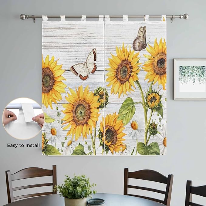 Yellow Sunflowers Bedroom Curtains 72 Inch Length, Window Curtains Tab Top, Vintage Country Flowers Butterfly Wood Board Light Filtering Window Treatments Drapes 52"x72" 2 Panel