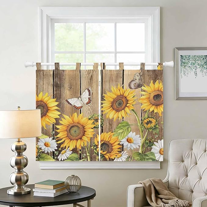 Farmhouse Sunflowers Kitchen Curtains 45 Inch Length, Short Cafe Window Curtains Tab Top, Rustic Floral Buttterfly Wood Board Brown Light Filtering Window Treatments Tier Drapes 27.5"x45" 2 Panel