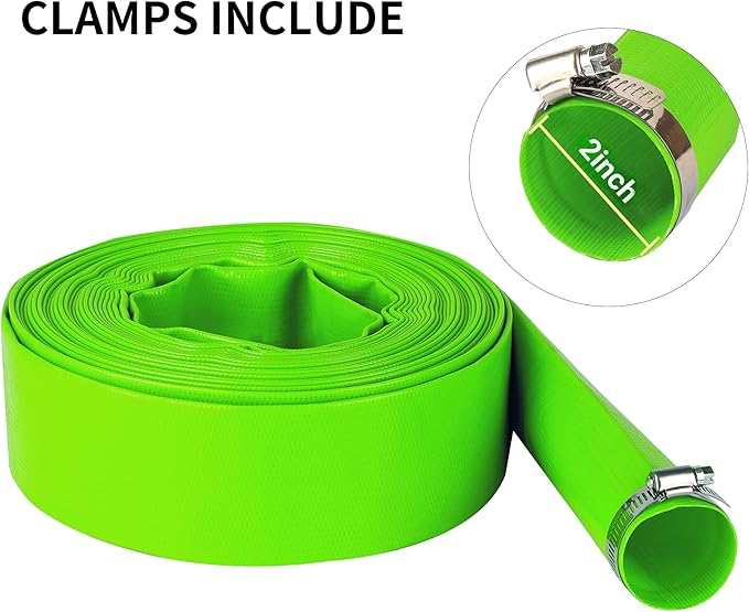 2 inch x 50 FT Pool Backwash Hose, Green Heavy Duty Reinforced PVC Lay Flat Water Discharge Hose for Swimming Pool Filter Pump,with 2 Clamp