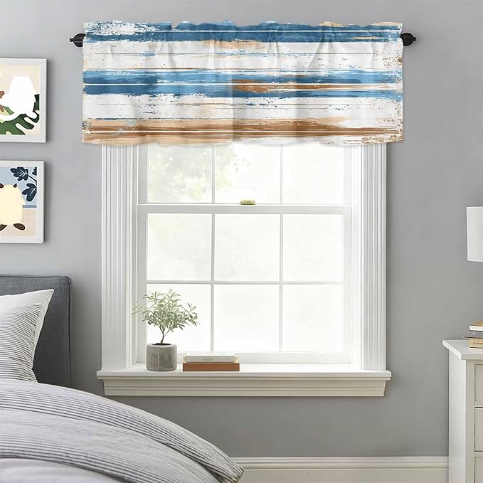 Vintage Blue Valances for Windows, Brown Wood Grain Mottled Texture Abstract Art Kitchen Valance Light Filtering Rod Pocket Short Curtains for Kitchen Bathroom, 1 Panel, 42"x12"