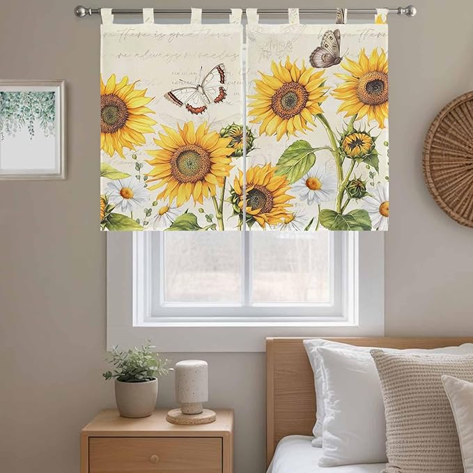 Farm Sunflowers Bedroom Curtains 63 Inch Length, Window Curtains Tab Top, Retro Flowers Butterfly Botanical Beige Light Filtering Window Treatments Drapes 42"x63" 2 Panel