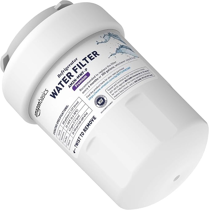 Amazon Basics Replacement GE MWF Refrigerator Water Filter for Filtration, NSF Certified, Compatible with GE and Kenmore, Premium Filtration, Easy to Install, Pack of 3