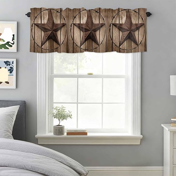 Vintage Texas Star Valances for Windows, Brown Wood Grain Wire Kitchen Valance Light Filtering Rod Pocket Short Curtains for Kitchen Bathroom, 1 Panel, 42"x18"