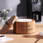Acacia Wood Coffee Filter Holder and Storage - Round Container for Coffee Bar Organizer, Rustic Dispenser Basket