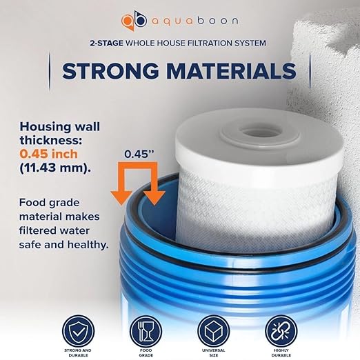 Aquaboon 2-Stage Whole House Water Filter System with 5 Micron 10x4.5 House Water Purification Reducing Sediment and Odors, Carbon Chlorine Reduction Filter (CTO), Pressure Gauge, Wrench, Bracket