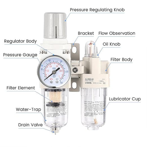 1/4 Inch NPT Compressed Air Filter Air Pressure Regulator Water-Oil Separator Trap Filter with Lubricator Cup