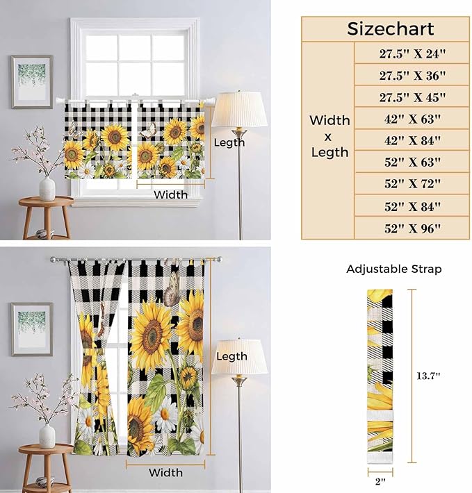 Sunflowers Living Room Curtains 96 Inch Length, Window Curtains Tab Top, Yellow Flowers Butterfly Farmhouse Black Plaid Light Filtering Window Treatments Drapes 52"x96" 2 Panel