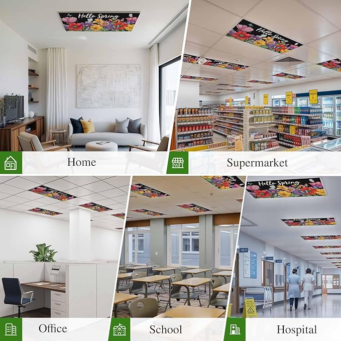 Fluorescent Light Covers for Ceiling Lights Hello Spring Magnetic Light Filters 4 Pack 4x2 ft Butterfly Colorful Spring Floral Ceiling Lights Cover for Classroom Office School Home Drop Lamp Decor