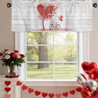Valentine's Day Valance Curtains for Kitchen, Red Love Trees Bicycles Balloons Wood Grain Privacy Rod Pocket Valance Curtain, Light-Filtering Window Treatment for Bedroom Bathroom, 60"x14"