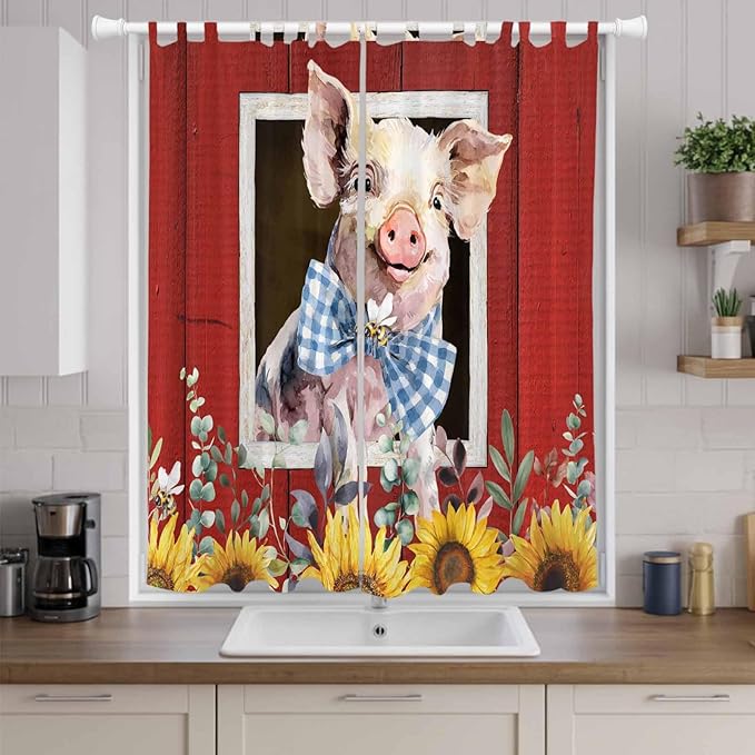 Pig Sunflowers Living Room Curtains 84 Inch Length, Window Curtains Tab Top, Eucalyptus Leaves Floral Bees Red Barn Light Filtering Window Treatments Drapes 52"x84" 2 Panel