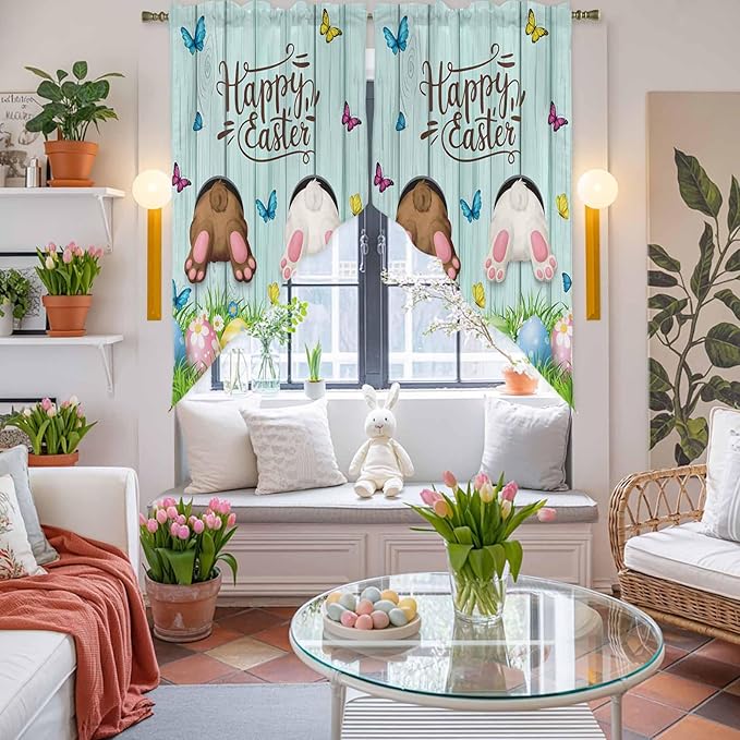 Swag Curtain Valances for Kitchen Windows,Happy Easter Bunny Butt Egg Floral Short Rod Pocket Window Valance,Spring Plant on Aqua Wood Swag Topper for Bedroom Living Room,2 Panels 36x36in