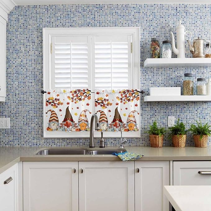 Fall Kitchen Curtain Set, Orange Yellow Thanksgiving Maple Leaf Gnomes Pumpkin Window Valance and Tiers 36" Length, Light Filtering Short Curtains Valance for Cafe Bathroom Bedroom 54"x18"